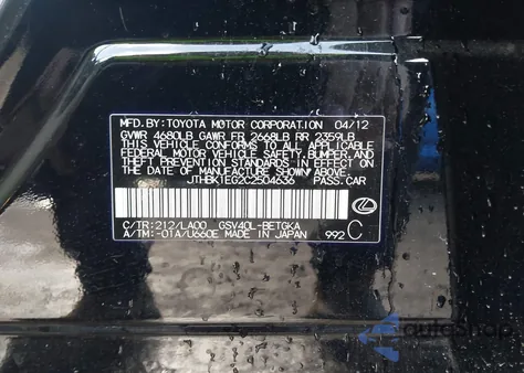 2012 Lexus Es 350 from USA, damaged, VIN JTHBK1EG2C2504636